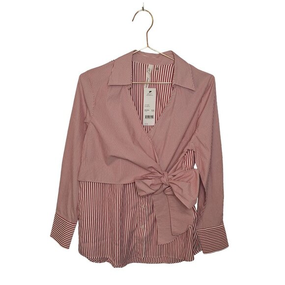 NY Collection Striped Long Sleeve Blouse With Front Tie - Size M - Picture 1 of 4